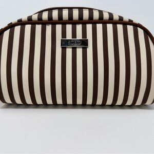 SOHO Brown Beige Striped Makeup Bag Cosmetic Case with Zipper Travel Organizer *